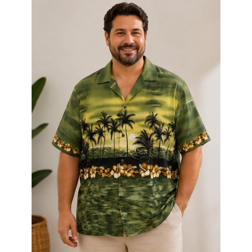 Island Wear Mens Green Hibiscus Palms Hawaiian Shirt 2XL Made in Hawaii Cotton